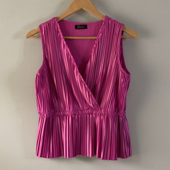 Japna Tops - Japna Pink Satin Line Shimmery V Neck Pleated Sleeveless Tank Top Blouse Women's